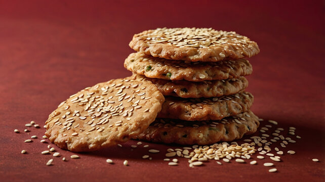 Crispy mathri cookies stacked neatly, sprinkled with sesame seeds, create delightful and inviting snack. Their golden brown color and crunchy texture make them perfect for any occasion