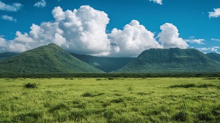 Lush green plains nestled between majestic verdant mountains under a vibrant sky