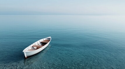 Calm waters, solitary white rowboat, serene lake, tranquil scene, stock photo