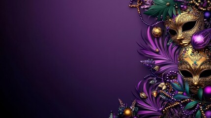 Mardi Gras masquerade joyful concept. A vibrant, decorative background featuring ornate masks, beads, and foliage, set against a rich purple backdrop, perfect for festive themes.