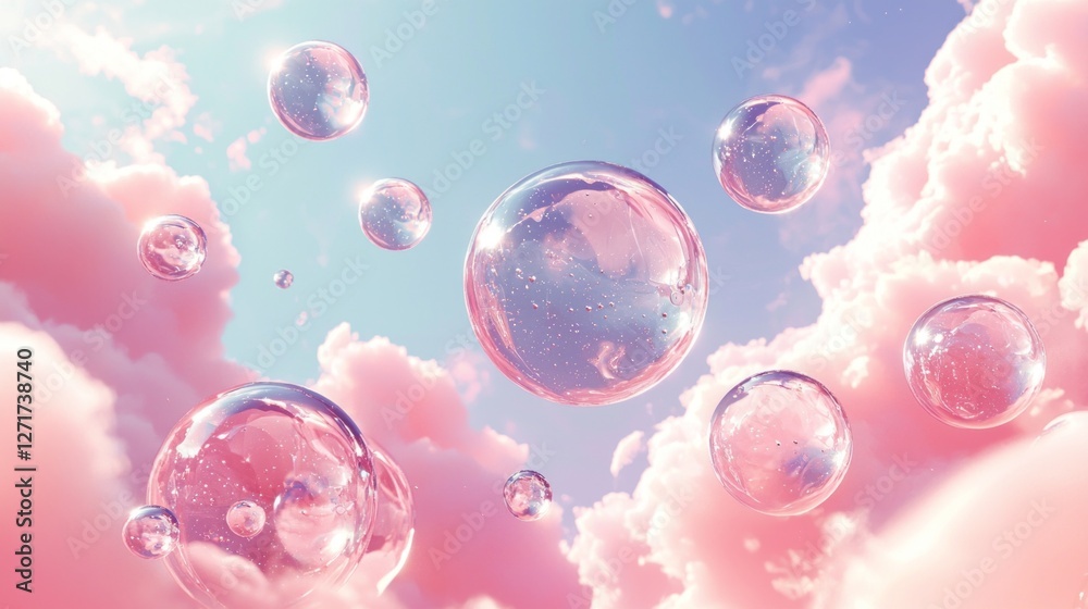 Poster delicate bubbles float effortlessly through a dreamy sky filled with soft pink clouds. the tranquil 