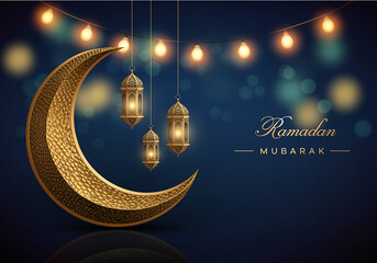 Flat design Ramadan Kareem background, 3d golden metal crescent and stars. Arabic style arch in beige color with traditional pattern. elegant golden moon with mosque ramadan kareem background