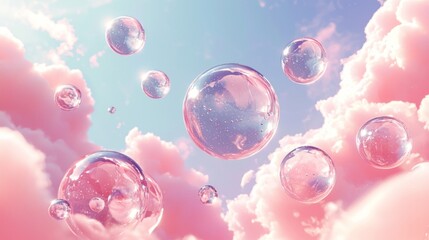 Delicate bubbles float effortlessly through a dreamy sky filled with soft pink clouds. The tranquil atmosphere evokes a sense of wonder and nostalgia, inviting imagination to take flight