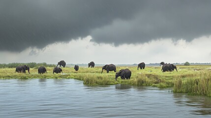 Majestic Elephants Grazing in a Lush African Savanna During a Rainy Season
