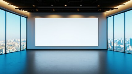 Large empty room with big screen, ideal for modern conferences, meetings, or presentations