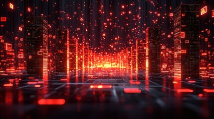 Fototapeta premium Digital city, data rain, glowing skyscrapers, futuristic urban landscape