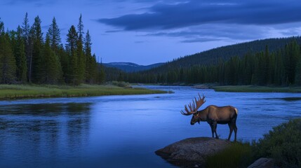 Majestic Moose by the River at Twilight: A Stunning Wildlife Landscape