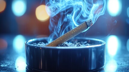 cigarette burns slowly releasing smoke intertwines into skull shape above sleek black ashtray. scene powerfully highlights dangers of smoking's harmful effects.