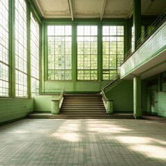 Fototapeta premium Abandoned interior of a vintage building showcasing a grand staircase and large windows, filled with natural light and greenery