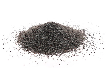 Poppy seeds pile isolated on white background, macro and side view