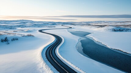 Pipelines transporting oil aerial view snowy terrain industrial environment scenic outlook