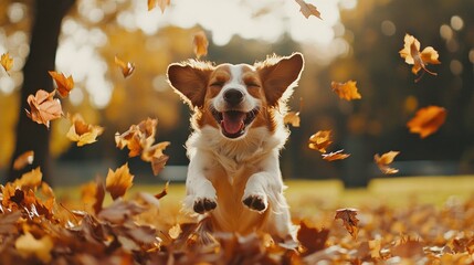 A joyful dog leaps into a vibrant pile of colorful autumn leaves showcasing the delight of playful moments in a park filled with fall charm. The background features a blurred view of nature