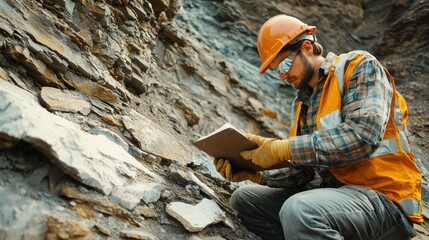 A geologist studying a rock layer at the K-Pg boundary, where significant environmental changes occurred.