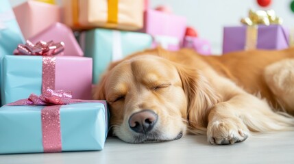 A joyful dog lies amidst a vibrant assortment of wrapped gifts exuding a playful demeanor. The blurred festive background adds to the cheerful atmosphere inviting holiday cheer