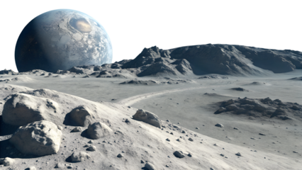 Lunar landscape with a planet, isolated on transparent background