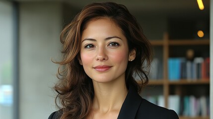 Fototapeta premium A woman with long brown hair and a black jacket is smiling. She is wearing a red lipstick