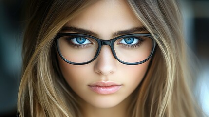 Fototapeta premium A woman with long blonde hair and blue eyes is wearing glasses. She has a nice smile and is looking directly at the camera