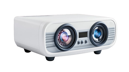 A white projector with two black lenses and a digital screen
