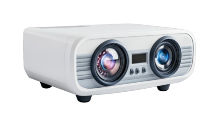 A white projector with two black lenses and a digital screen
