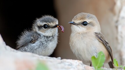 Fototapeta premium Parent bird stands beside its fluffy fledgling holding a worm in its beak near their stone nest cavity during the day.