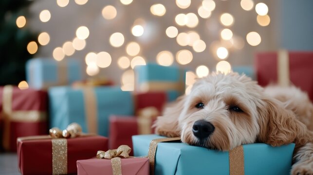 A playful dog lies comfortably on a pile of colorful wrapped presents surrounded by a softly blurred festive background that adds a warm cheerful atmosphere to the moment
