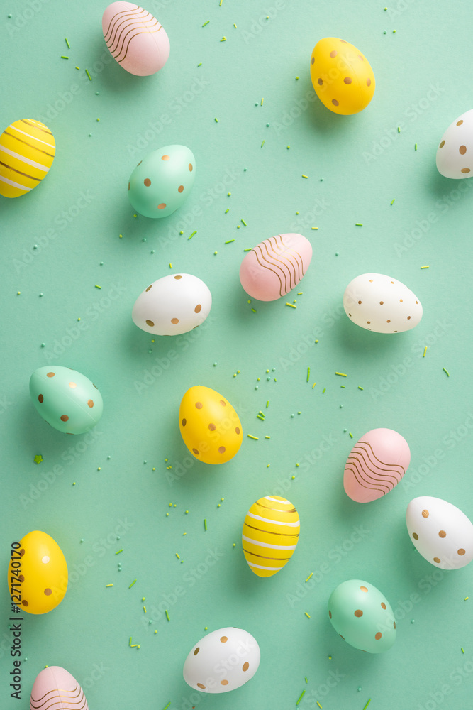 Wall mural easter vertical eggs in different colors and patterns spread on a green background