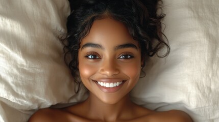A woman with long hair and a big smile is laying on a bed. She is wearing a white shirt and is smiling at the camera