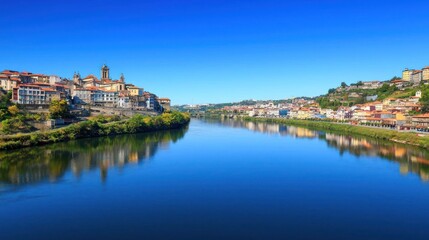 Picturesque River Town Landscape with Blue Sky Reflection