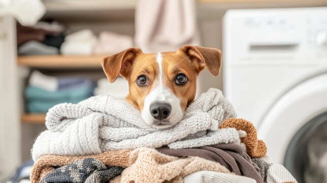 A curious dog peeks out from a fluffy pile of freshly laundered clothes with socks strewn around. The cheerful laundry room features soft colors and plenty of light creating a welcoming vibe
