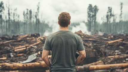 Fototapeta premium A contemplative figure stands amidst a devastated landscape, reflecting on the consequences of environmental destruction