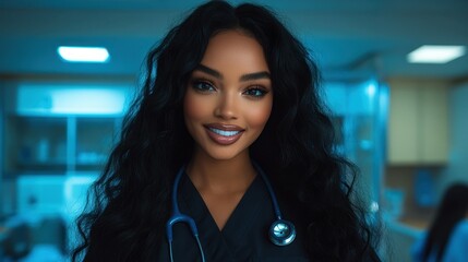 Obraz premium A woman with long hair is smiling and wearing a stethoscope. She is a doctor. The image has a bright and cheerful mood
