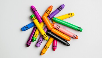 A minimalistic arrangement of crayons and notebooks scattered across a light gray background, highlighting the colorful elements.