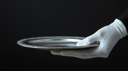 Elegant service: gloved hand holding a gleaming silver tray, set against a deep black backdrop, evoking sophistication and attentiveness.