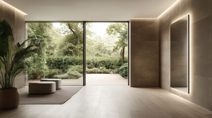 Obraz premium Bright and airy modern interior with large windows overlooking a lush green garden and minimalist decor