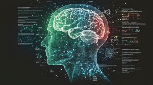 Futuristic representation of the human brain with digital data and analysis graphics showcasing the intersection of neuroscience and technology.