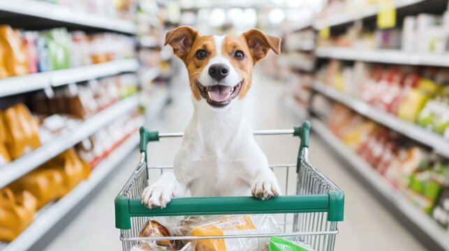 A playful dog is standing on its hind legs with paws resting on a shopping cart surrounded by colorful grocery bags in a supermarket filled with various products