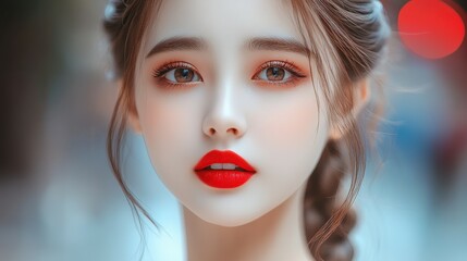 Fototapeta premium A woman with red lipstick and a red background is the main focus of the image. She has a beautiful, glowing complexion and her eyes are wide open, giving her a confident and approachable appearance