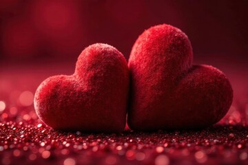 Obraz premium Two plush red hearts nestled together on a shimmering crimson surface, a tender symbol of affection and devotion