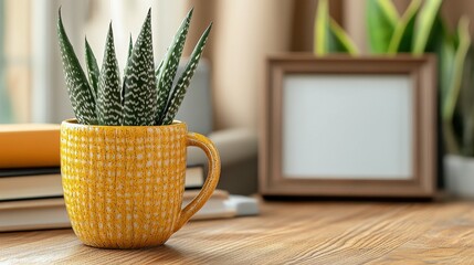A yellow mug with a plant in it sits on a wooden table. The mug is filled with soil and the plant is a cactus. The table is cluttered with books and a vase