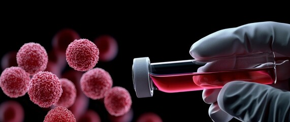 A scientist's hand holds a test tube of blood against a detailed microscopic view of dividing cells, representing biological research.