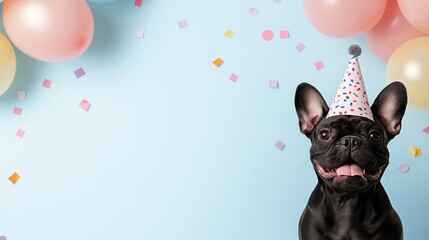 A joyful dog wears a colorful party hat surrounded by balloons and scattered confetti creating a lively and festive scene perfect for celebrations and happy moments