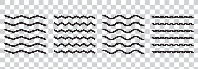 Wave line and wavy zigzag lines. Black curved lines pattern in abstract style. Horizontal geometric decoration element. Vector illustration.