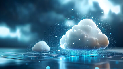 Dynamic big data transfer network visualized through illuminated cloud computing digital environment futuristic concept high-tech viewpoint