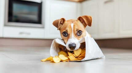 A playful dog with its head stuck inside a bag of chips sits on a cluttered kitchen floor perfectly capturing a moment of curiosity and mischief in a home setting