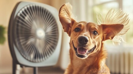 A comic dog sits happily in front of a fan its ears flapping joyfully in the breeze. The blurred background reveals a comfortable living room atmosphere filled with natural light