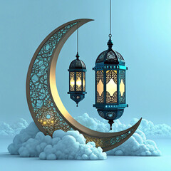 Flat design Ramadan Kareem background, 3d golden metal crescent and stars. Arabic style arch in beige color with traditional pattern. elegant golden moon with mosque ramadan kareem background