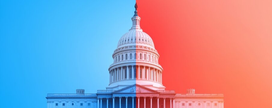 A striking scene of the Capitol divided by color, with its red and blue halves standing as a stark reminder of the fractured state of national politics.