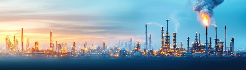 Nighttime emissions from oil industry refinery location industrial scene urban landscape elevated perspective industry insights