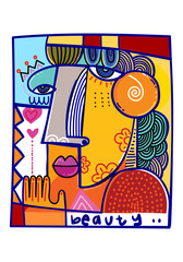 Aesthetic abstract face portrait people geometric decorative doodle hand drawn vector illustration. Artistic design art print, wall art, cards and poster.