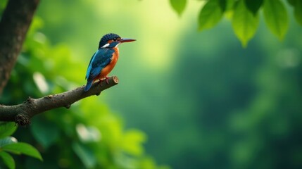 Obraz premium Vibrant Kingfisher Perched on a Branch Amidst Lush Green Foliage
